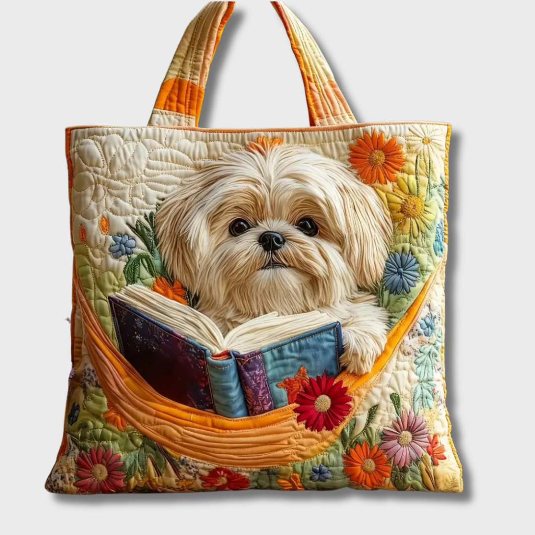 Amanzia borsa shopper donna trapuntata con cagnolino e fiori, foto 2