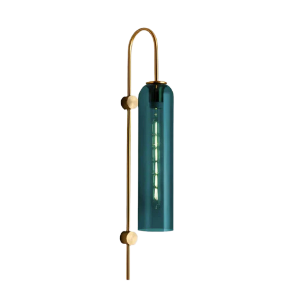 Applique ad arco color ottone con cilindro in vetro testurizzato, lampada da parete da interni