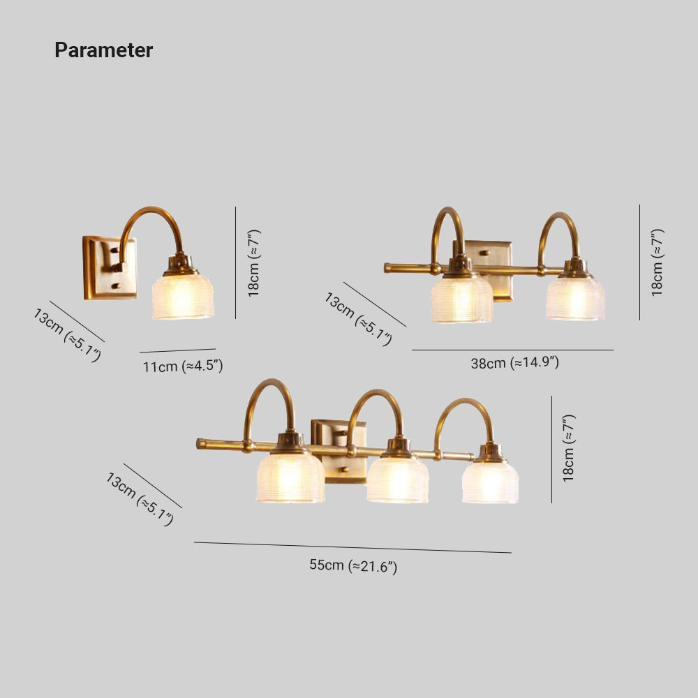 Applique da bagno in ottone anticato con vetro prismatico, lampada da parete a una, due o tre luci