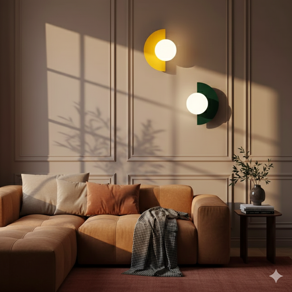 Applique LED minimalista con globo in vetro e base a mezzaluna