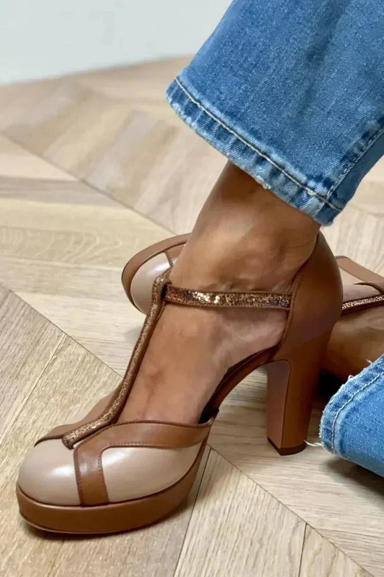 Ezia décolleté donna bicolore con cinturino a t, plateau e tacco largo, foto 1