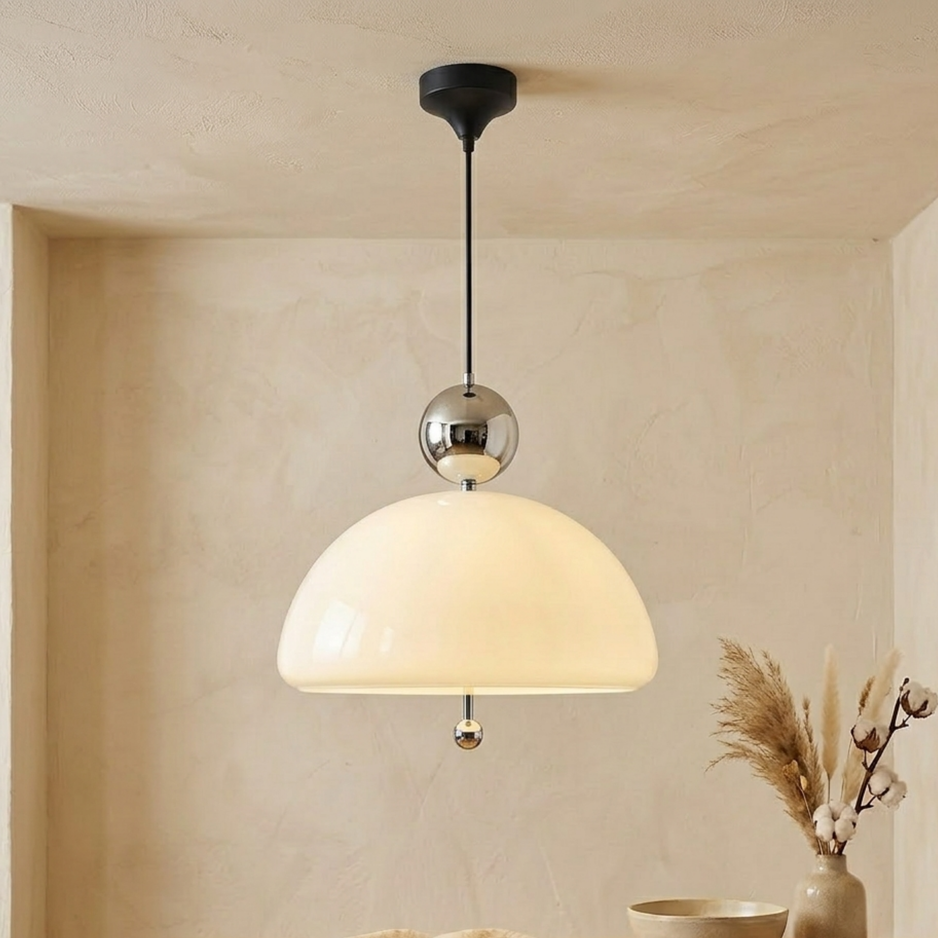 Lampada a sospensione a cupola in vetro beige con dettagli cromati