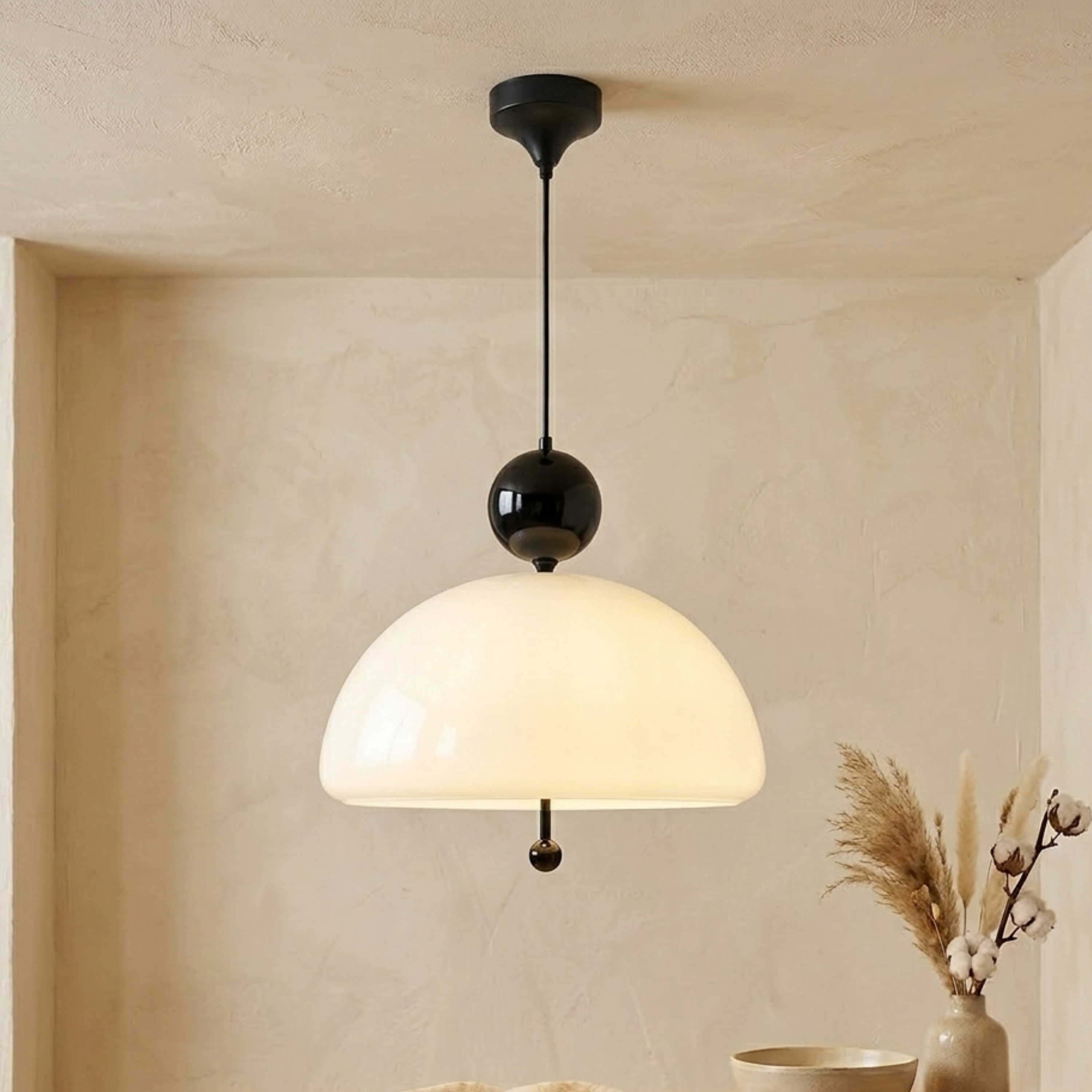 Lampada a sospensione a cupola in vetro beige con dettagli cromati
