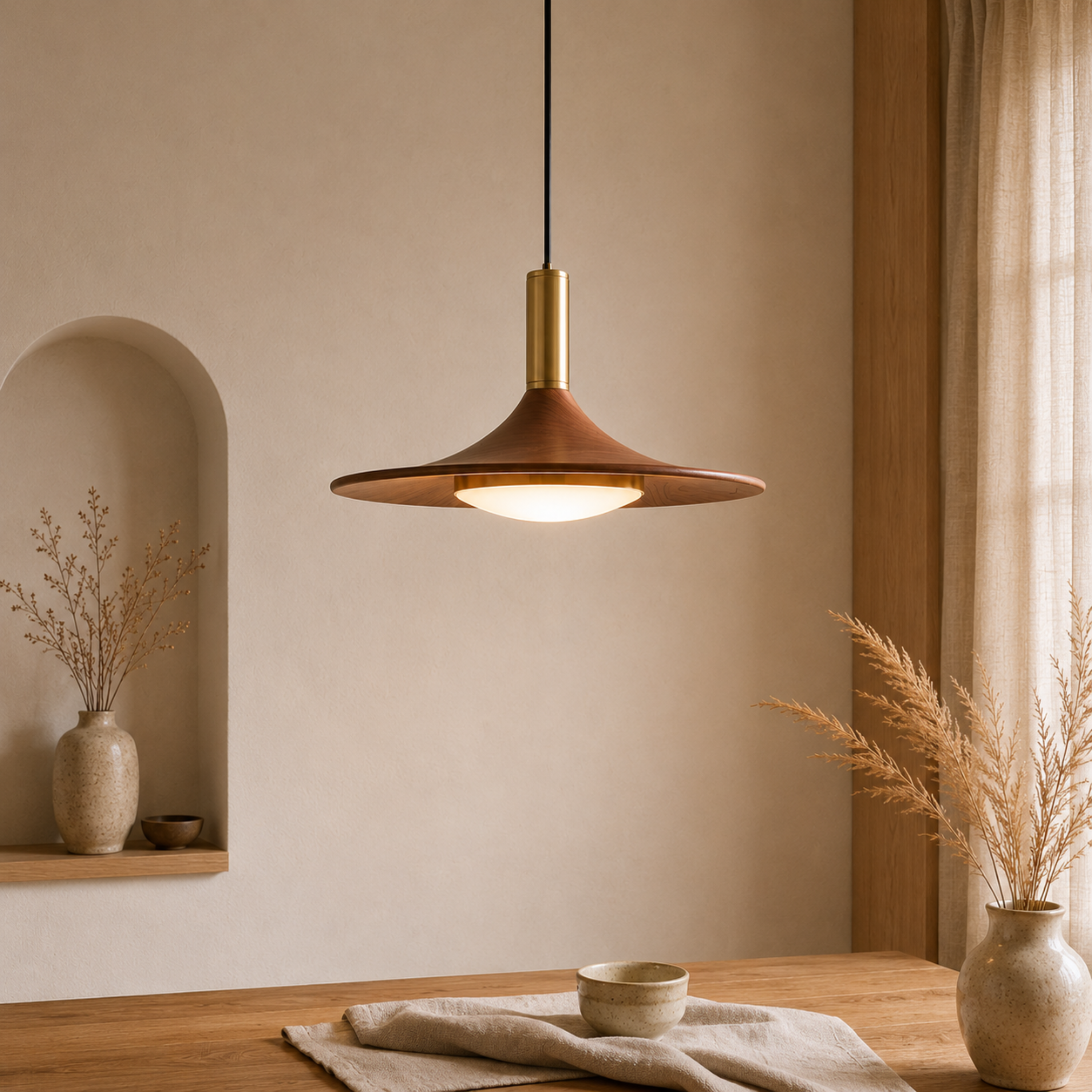 Lampada a sospensione a disco volante effetto legno noce mid century