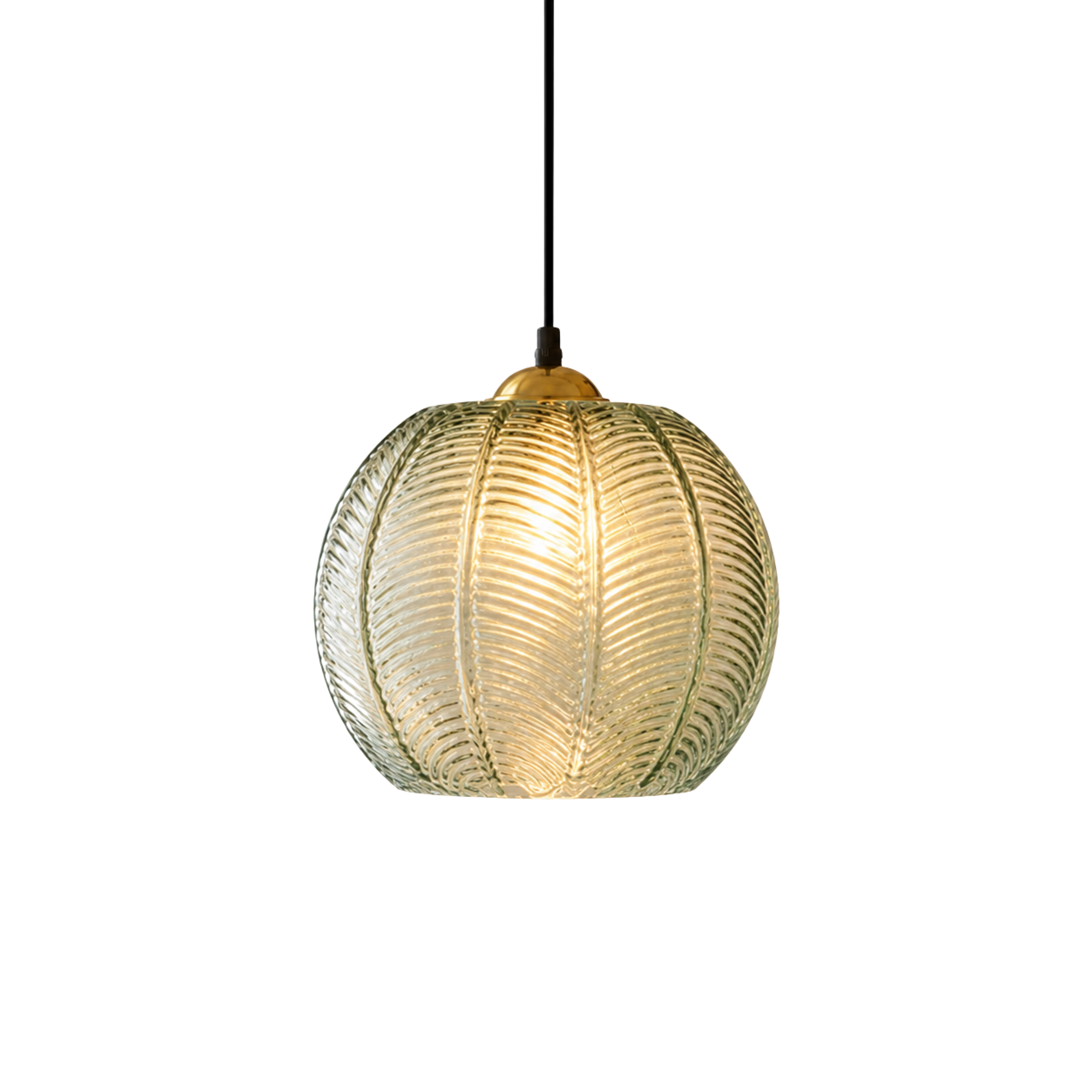 Lampada a sospensione a globo in vetro verde con motivo a foglie