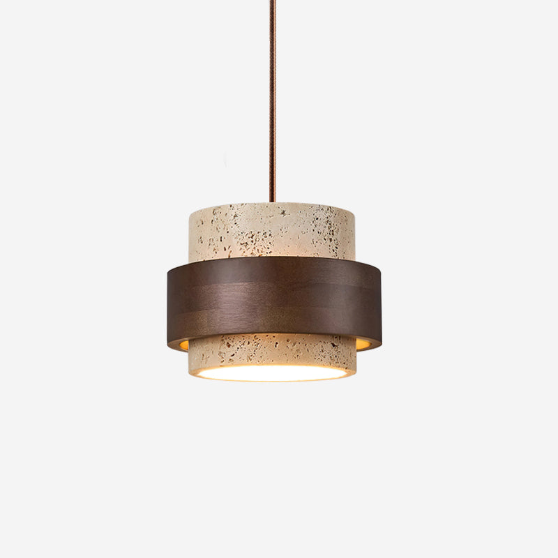 Lampada a sospensione cilindrica in travertino e legno noce japandi