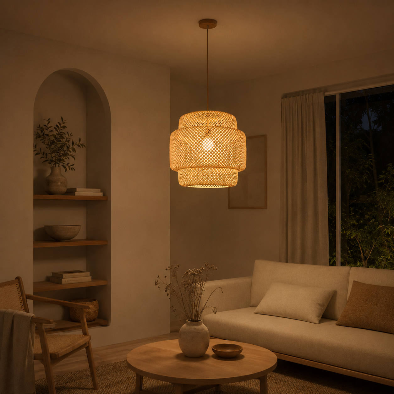 Lampada a sospensione in bambù intrecciato boho japandi con cavo beige