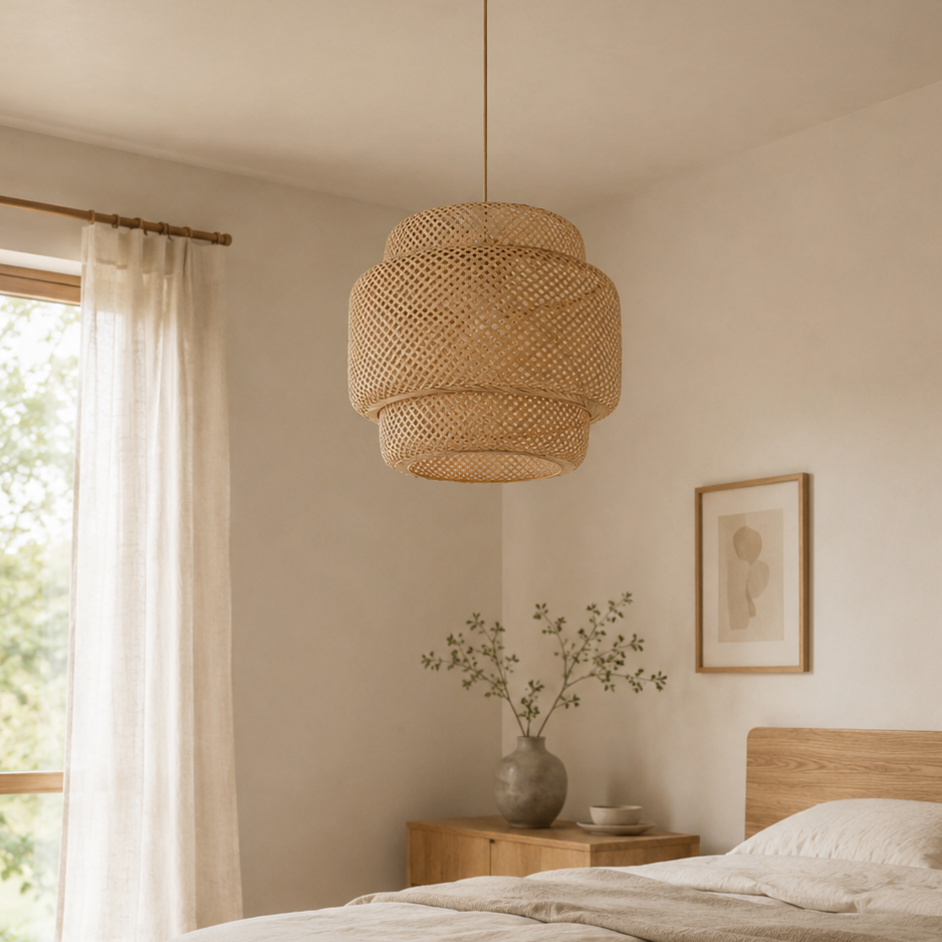 Lampada a sospensione in bambù intrecciato boho japandi con cavo beige