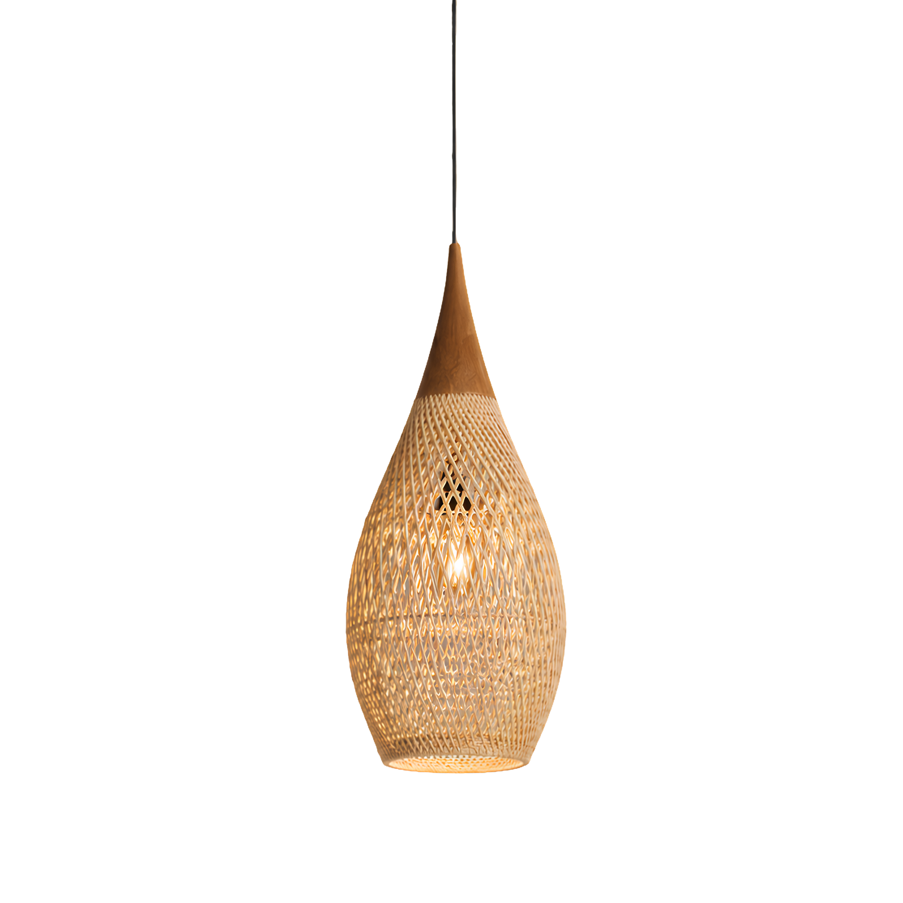 Lampada a sospensione in rattan naturale vintage boho a goccia in legno con LED