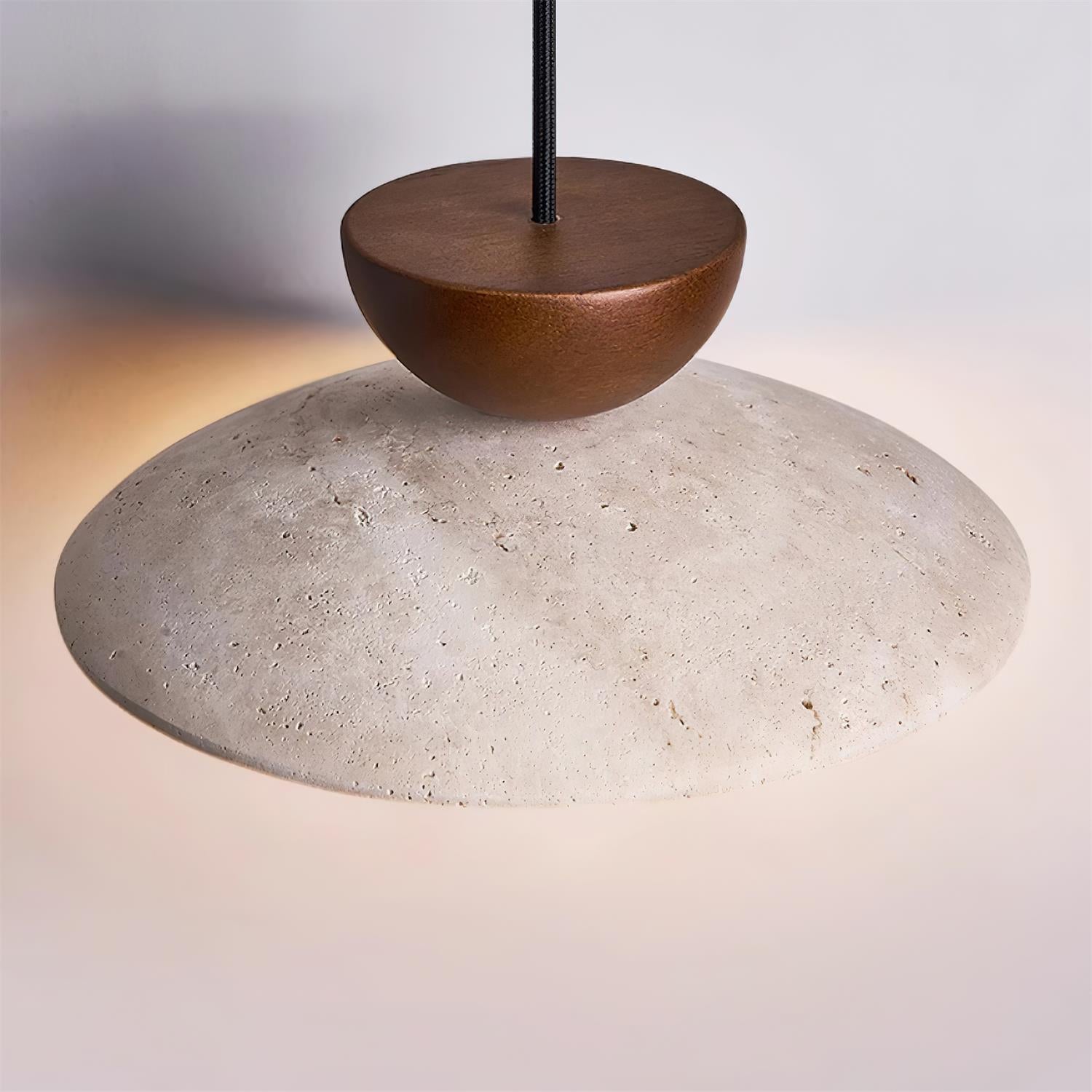 Lampada a sospensione in travertino, legno e globo in vetro wabi sabi japandi