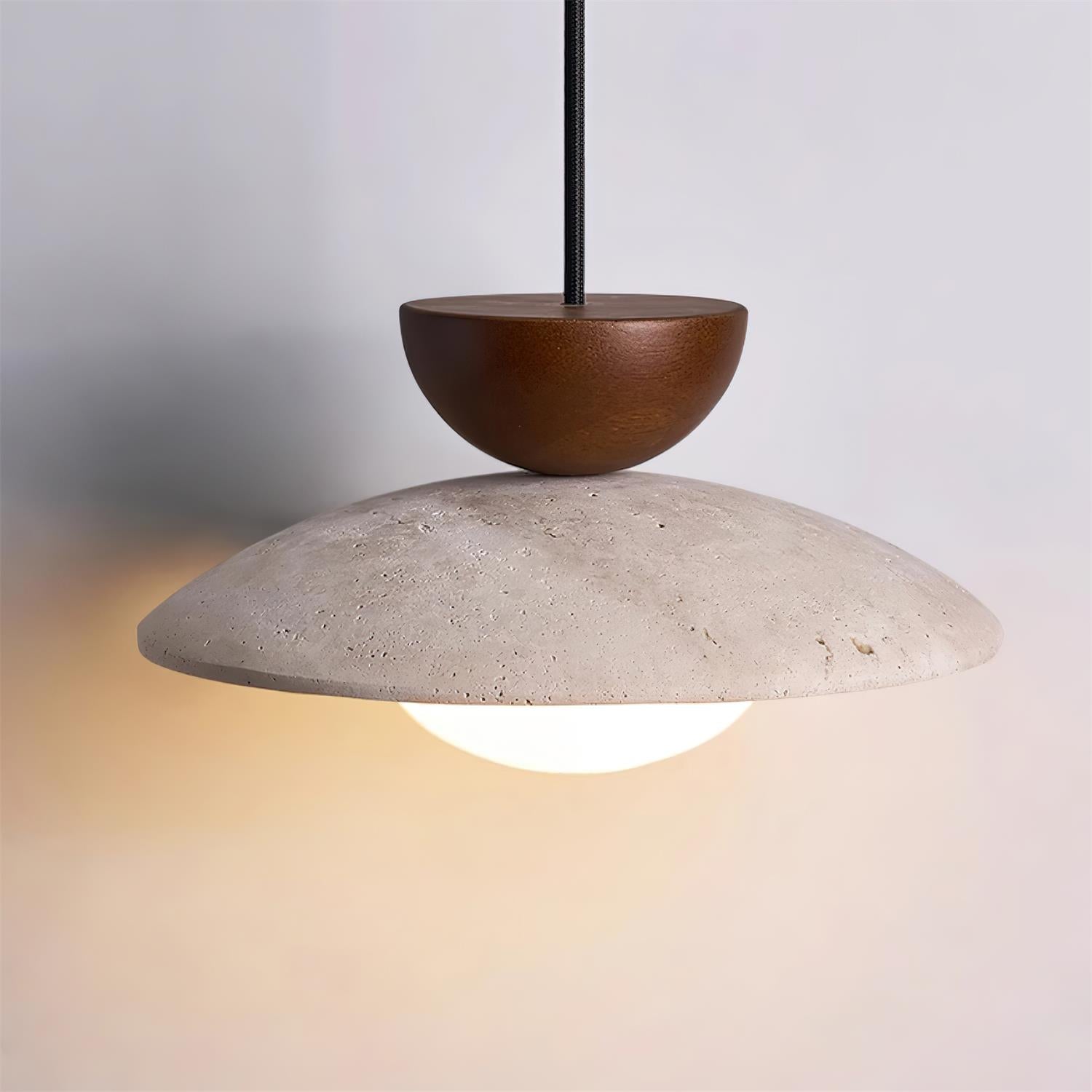 Lampada a sospensione in travertino, legno e globo in vetro wabi sabi japandi