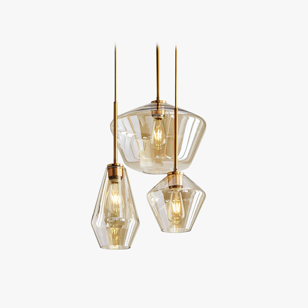 Lampada a sospensione in vetro sfaccettato a forma di diamante, ambra e trasparente, cavo in metallo
