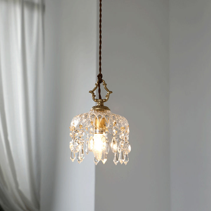 Lampada a sospensione in vetro trasparente e cristallo a fiore in rame vintage