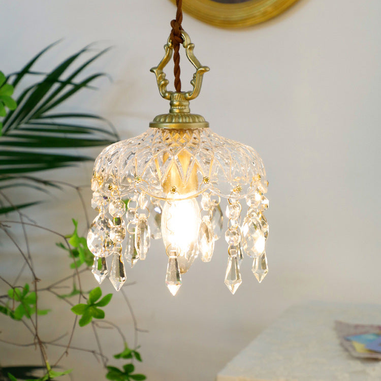Lampada a sospensione in vetro trasparente e cristallo a fiore in rame vintage