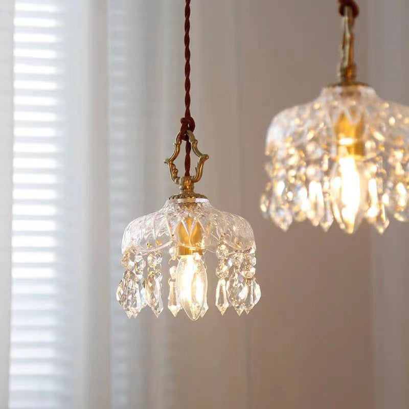 Lampada a sospensione in vetro trasparente e cristallo a fiore in rame vintage