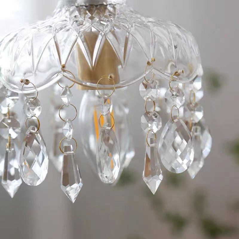 Lampada a sospensione in vetro trasparente e cristallo a fiore in rame vintage