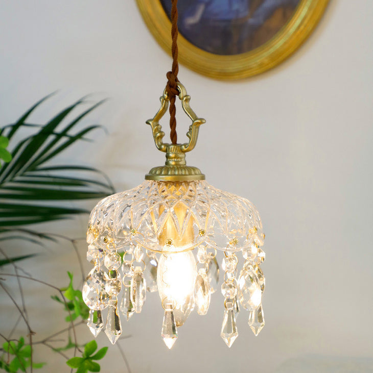 Lampada a sospensione in vetro trasparente e cristallo a fiore in rame vintage