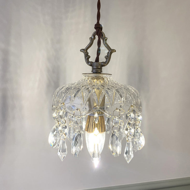 Lampada a sospensione in vetro trasparente e cristallo a fiore in rame vintage
