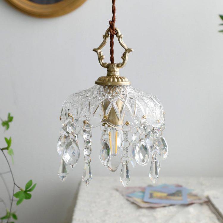 Lampada a sospensione in vetro trasparente e cristallo a fiore in rame vintage