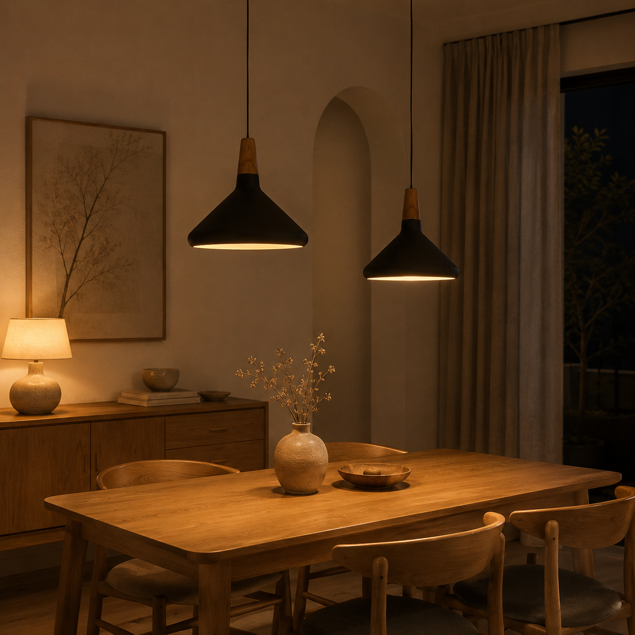 Lampada a sospensione LED a cono in alluminio con sommità in tonalità legno