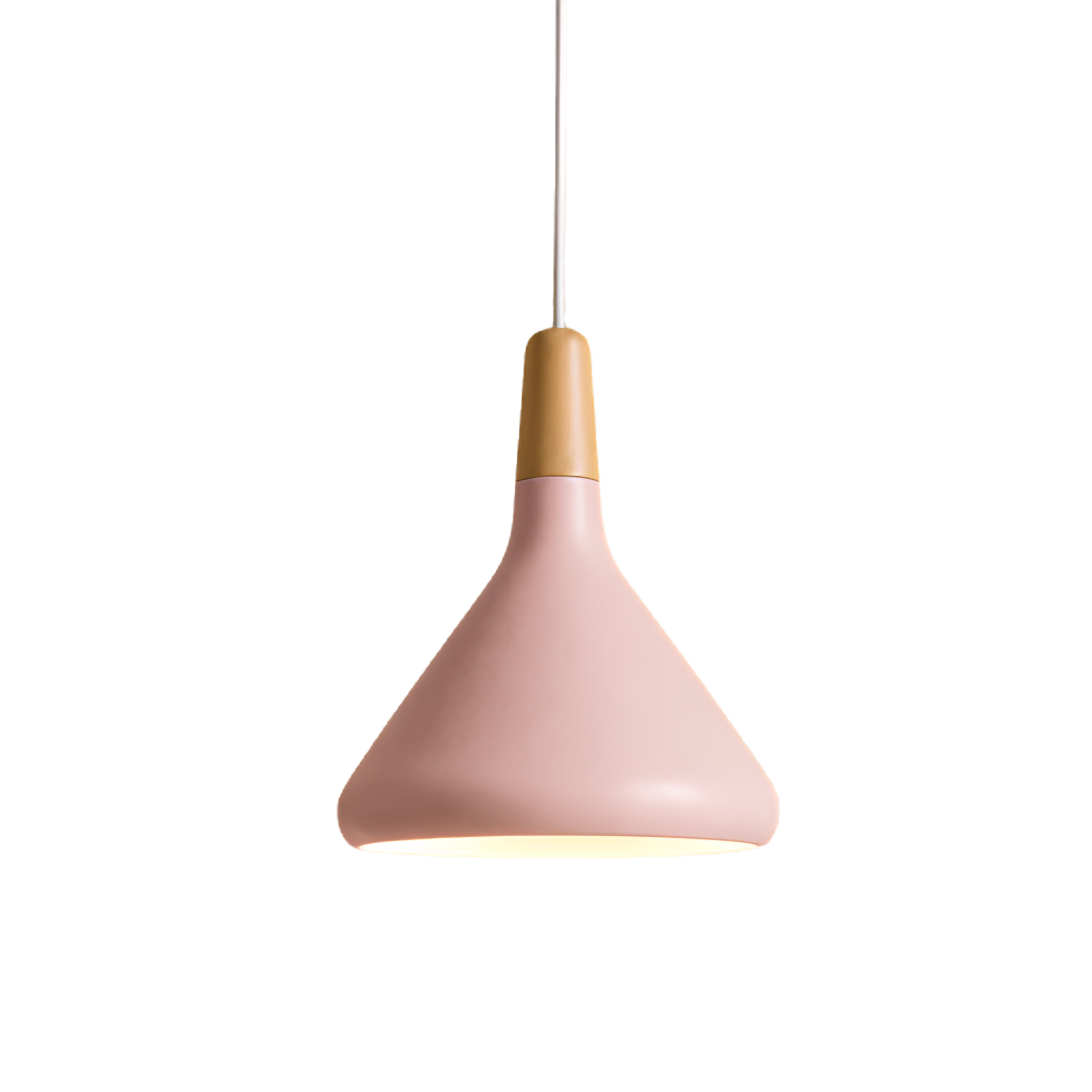 Lampada a sospensione LED a cono in alluminio con sommità in tonalità legno