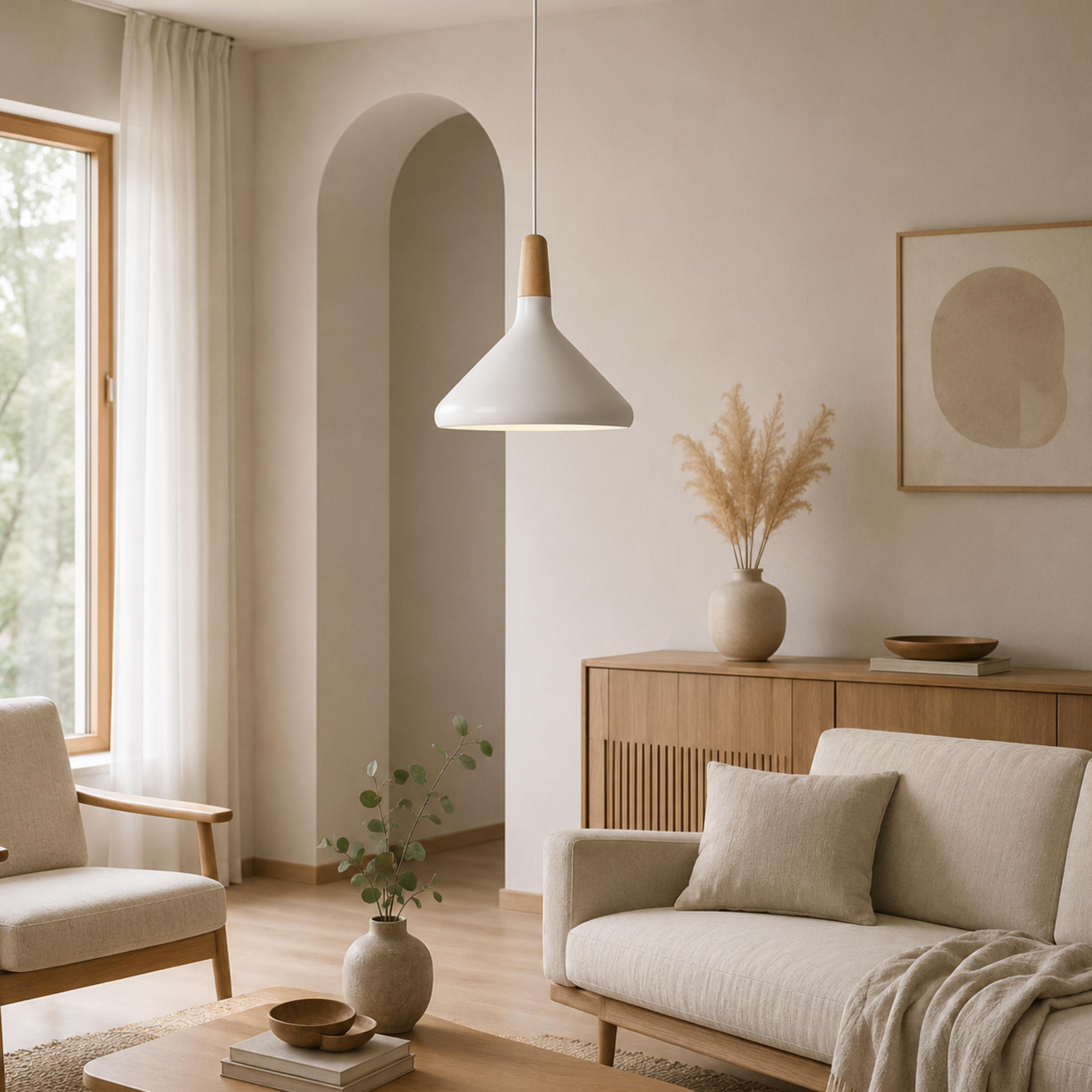 Lampada a sospensione LED a cono in alluminio con sommità in tonalità legno