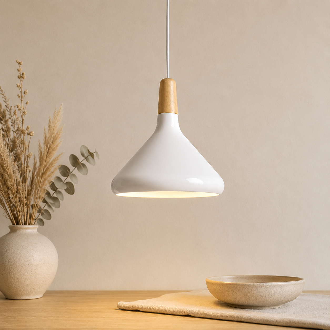 Lampada a sospensione LED a cono in alluminio con sommità in tonalità legno