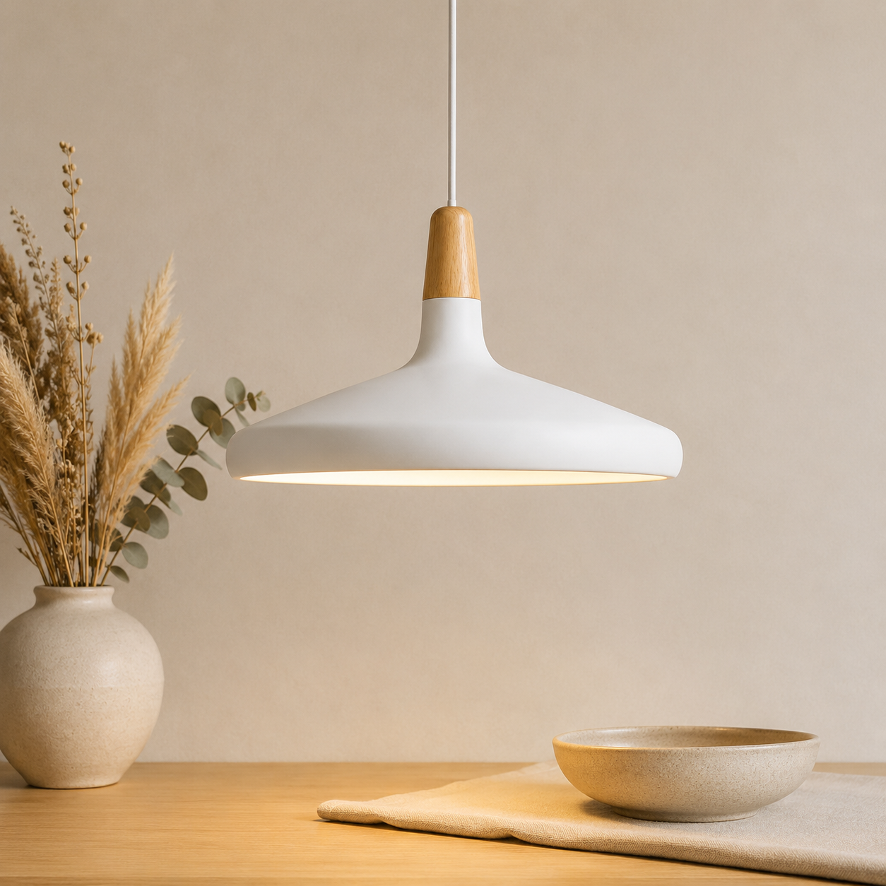 Lampada a sospensione LED a cono in alluminio con sommità in tonalità legno