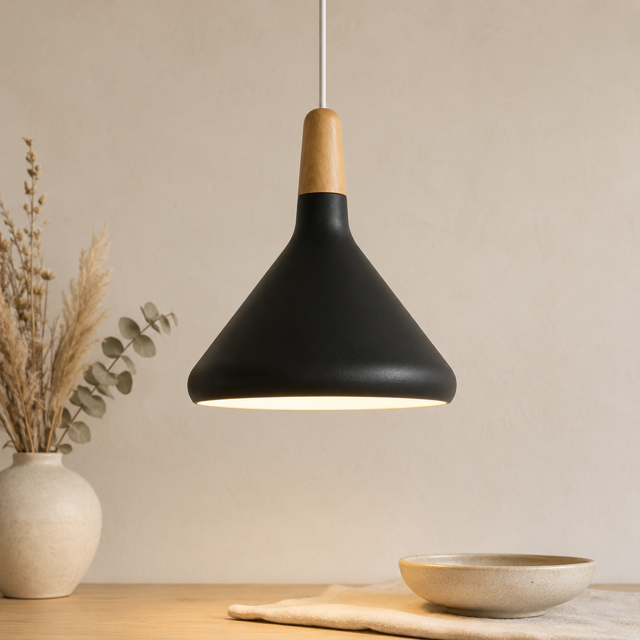 Lampada a sospensione LED a cono in alluminio con sommità in tonalità legno