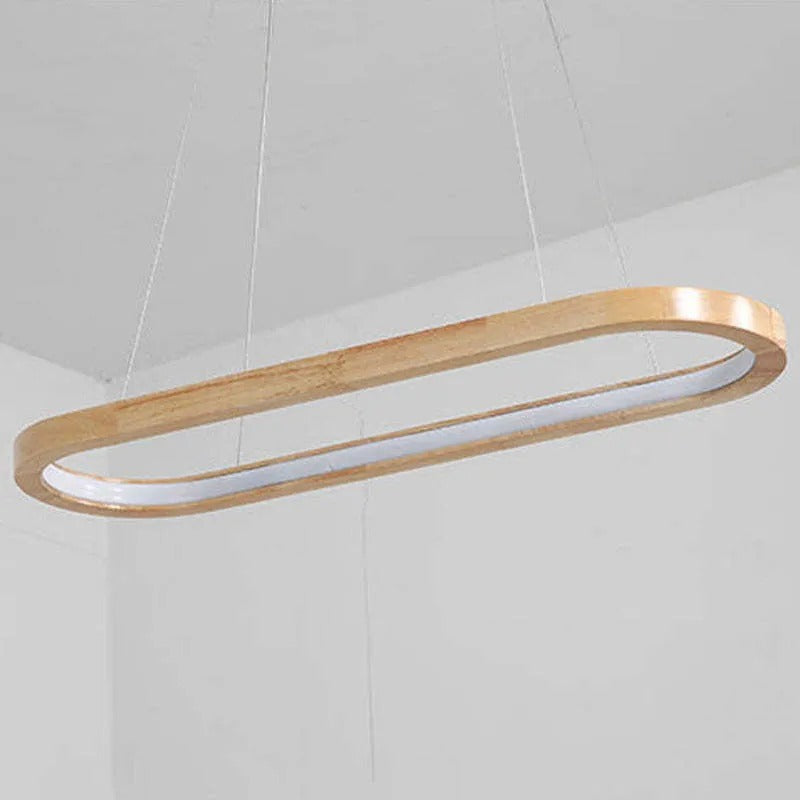 Lampada a sospensione LED ad anello ovale in legno, japandi per isola cucina