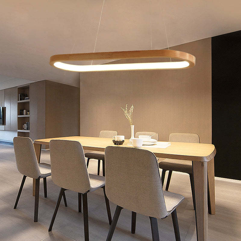 Lampada a sospensione LED ad anello ovale in legno, japandi per isola cucina