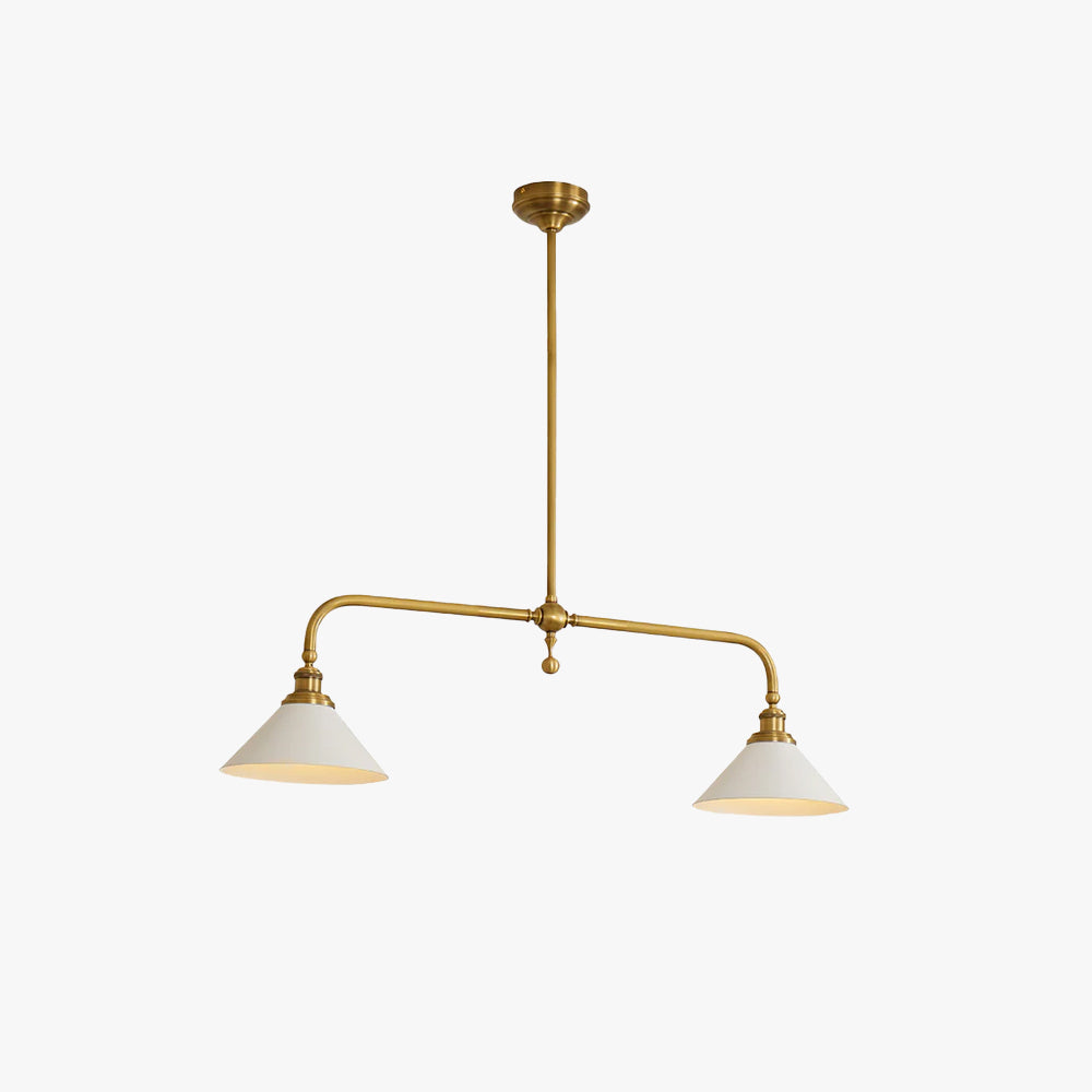 Lampada a sospensione lineare in metallo a due luci con paralumi conici bianchi mid century per isola cucina