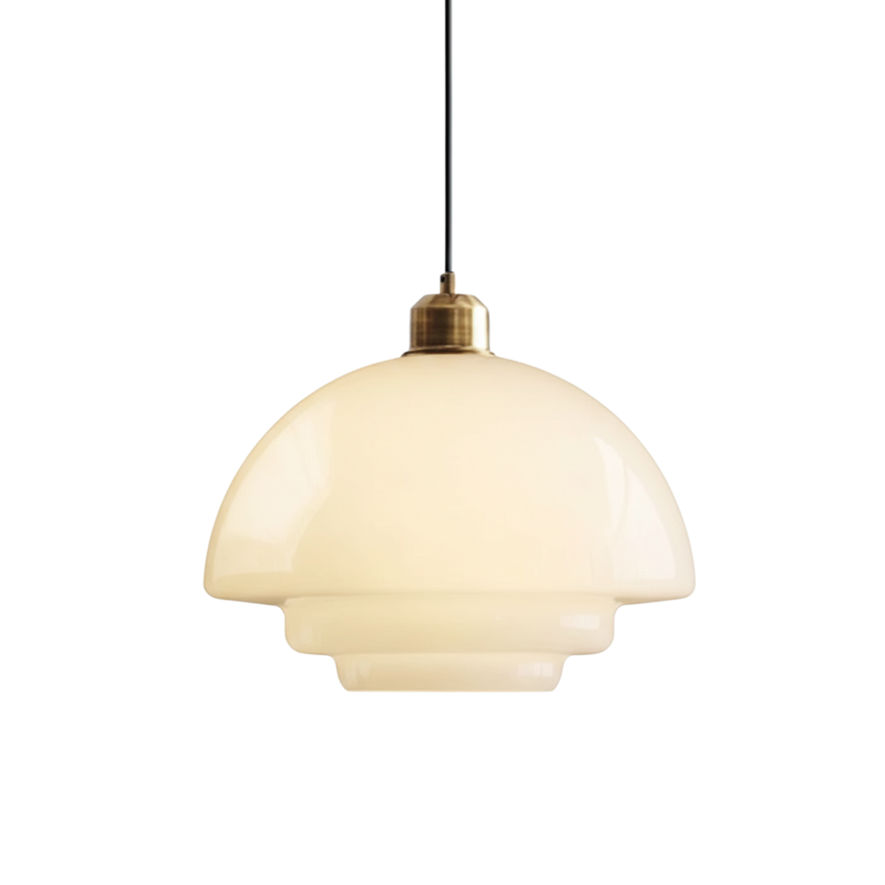 Lampada a sospensione mid century in vetro opalino bianco con dettaglio in ottone
