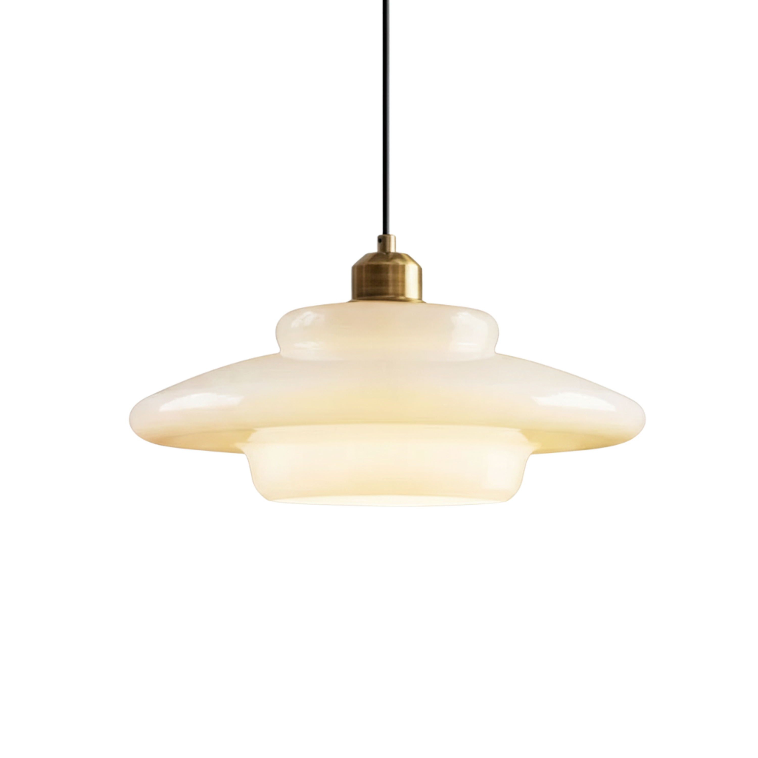 Lampada a sospensione mid century in vetro opalino bianco con dettaglio in ottone