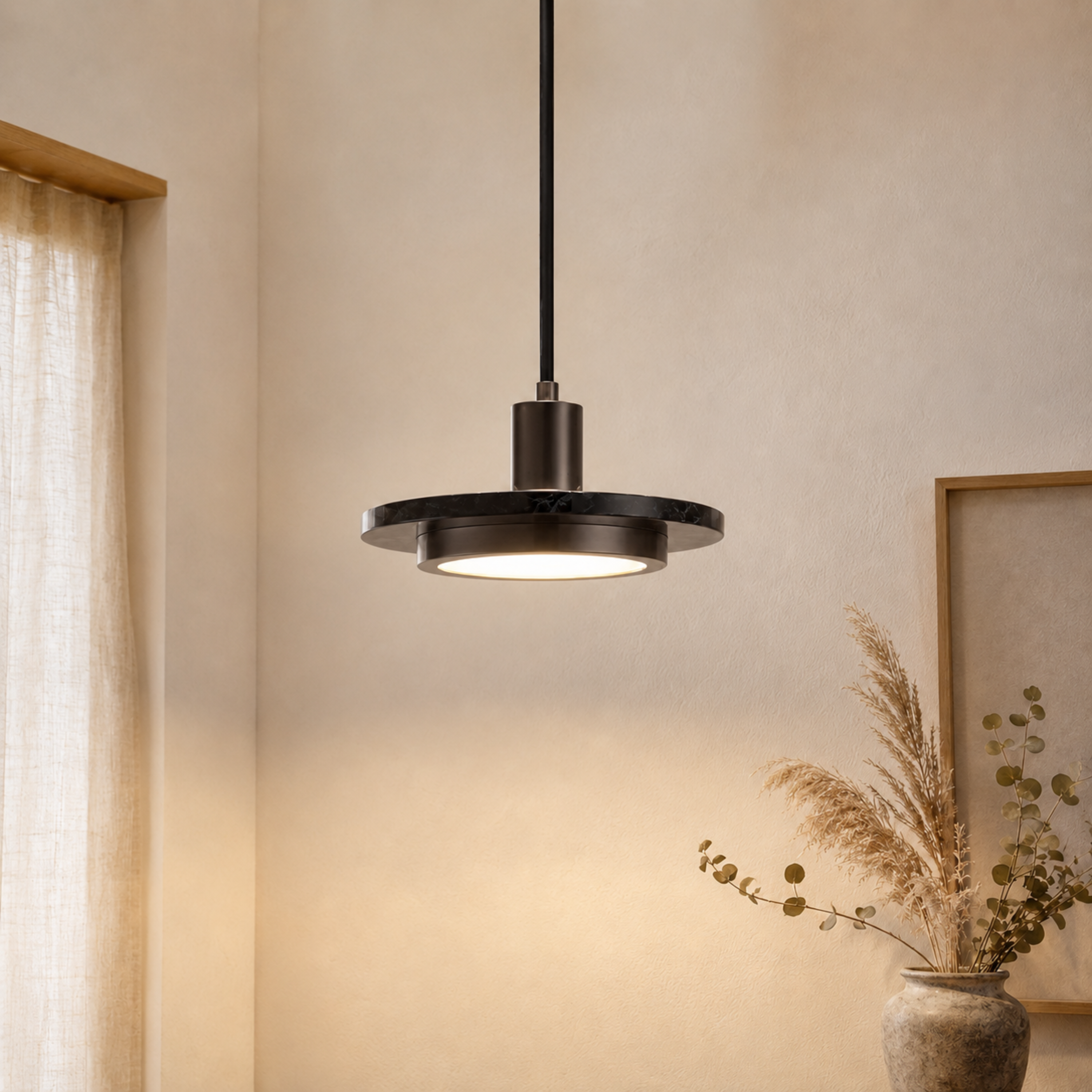 Lampada a sospensione moderna a cupola in ferro e pietra, LED a tre colori per sala da pranzo