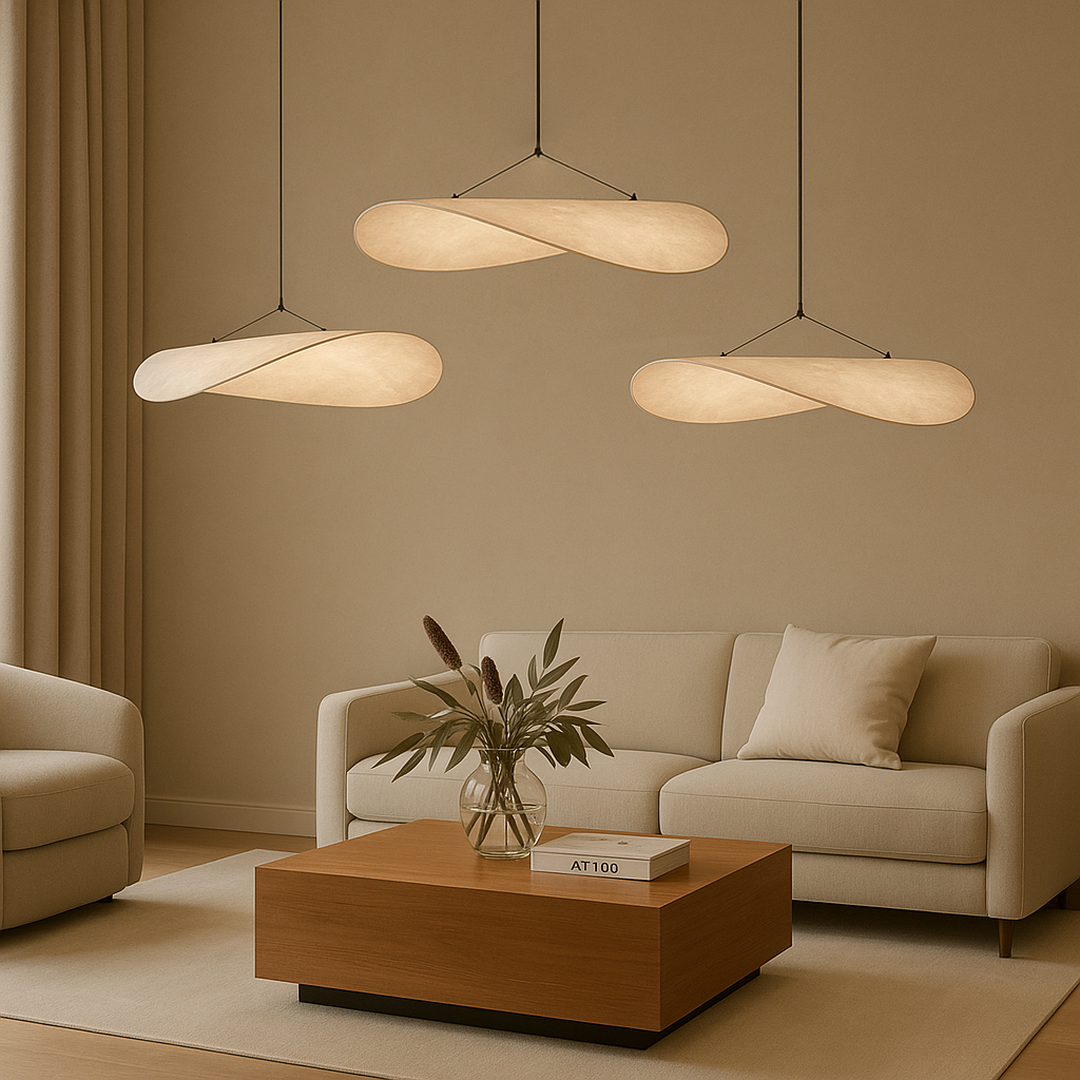 Lampada a sospensione moderna scultorea in seta stile japandi