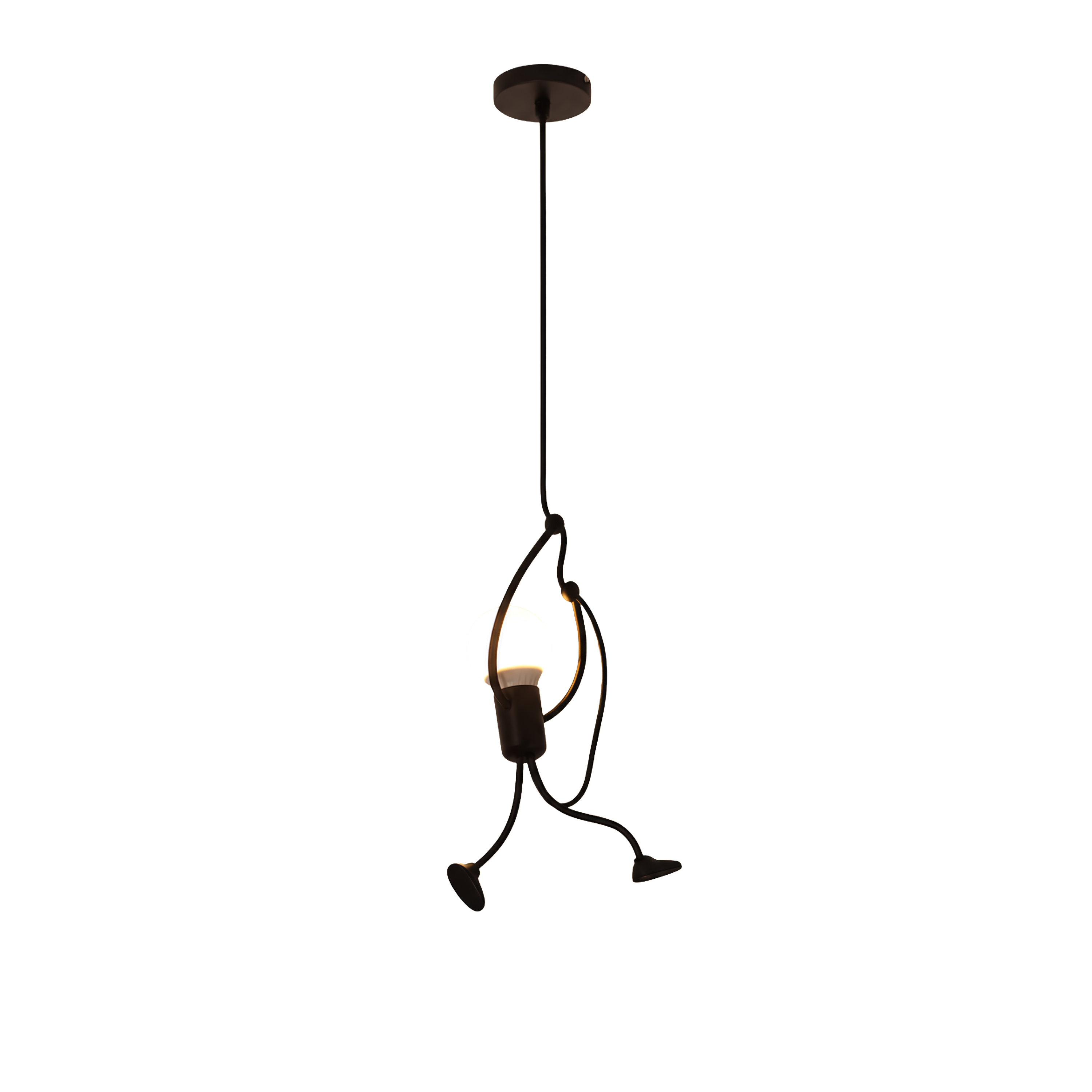 Lampada a sospensione nera con figura che si arrampica e lampadina a vista