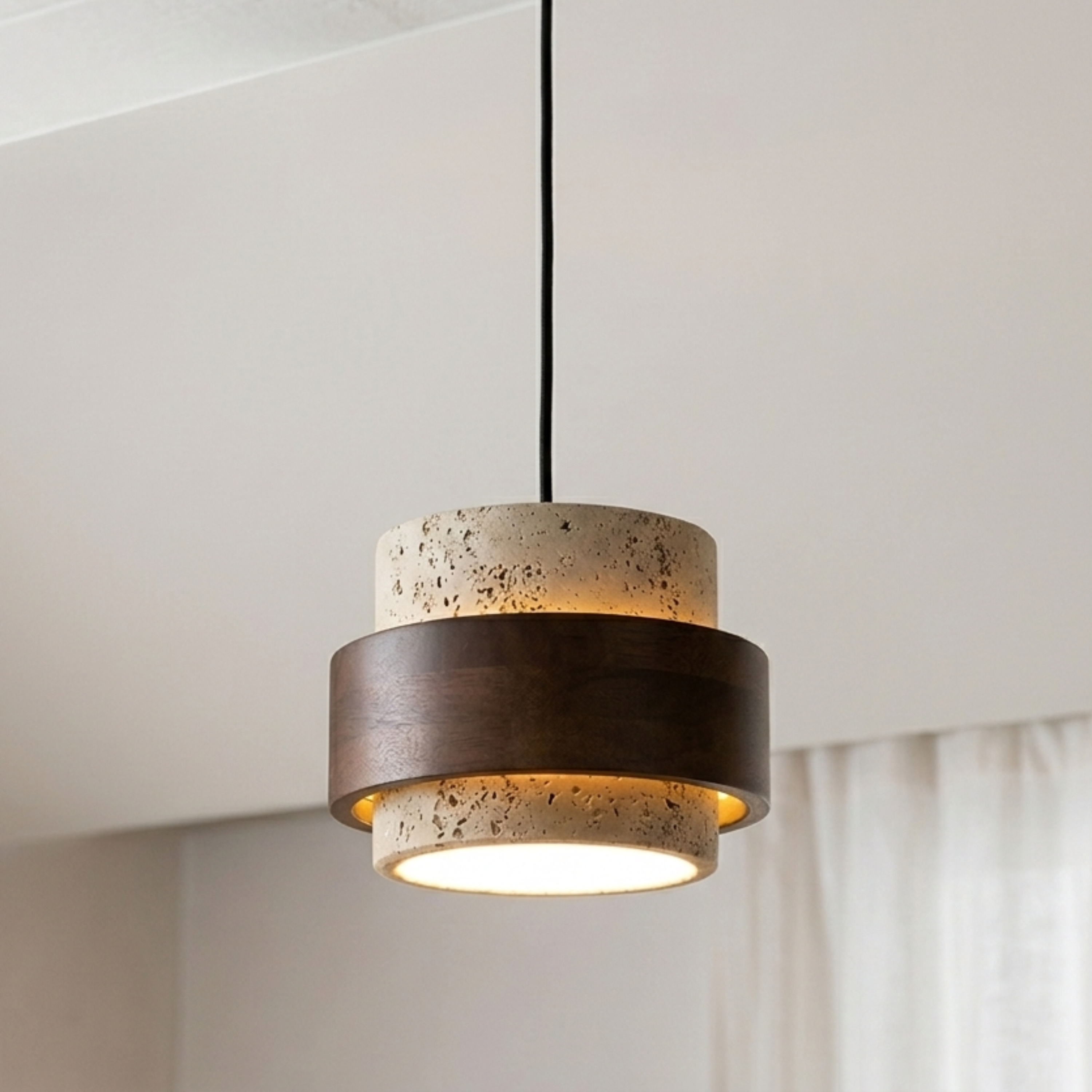 Lampada a sospensione piccola retrò in travertino e legno di noce