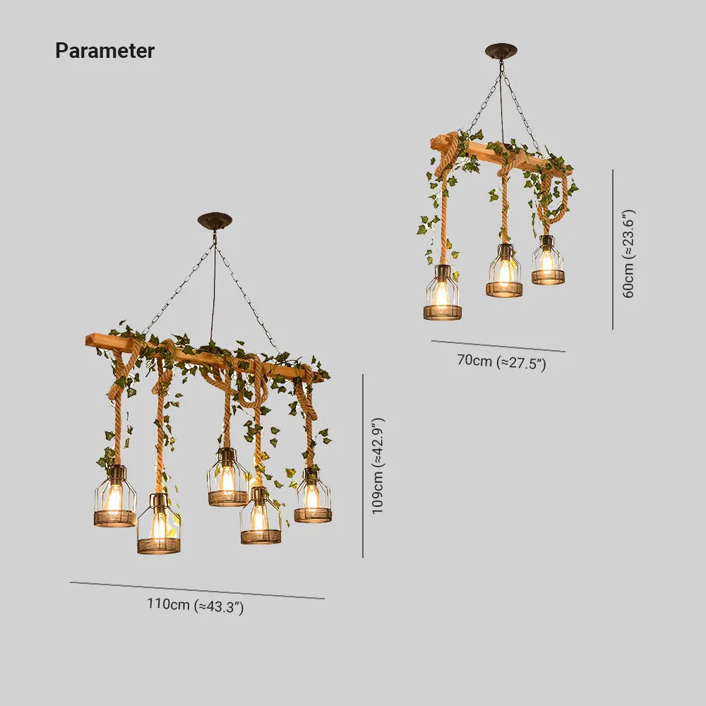 Lampada a sospensione rustica vintage con trave in legno e paralumi a gabbia in metallo