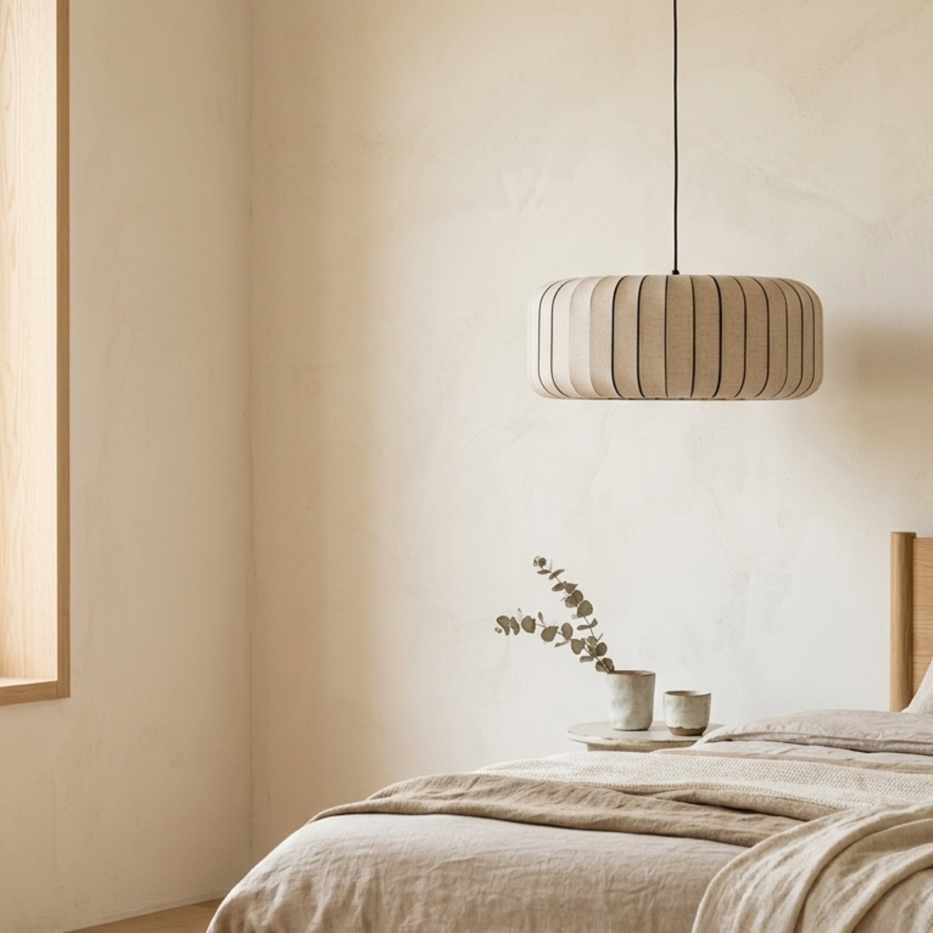 Lampada a sospensione scandinava in tessuto plissettato con struttura in metallo e LED integrato