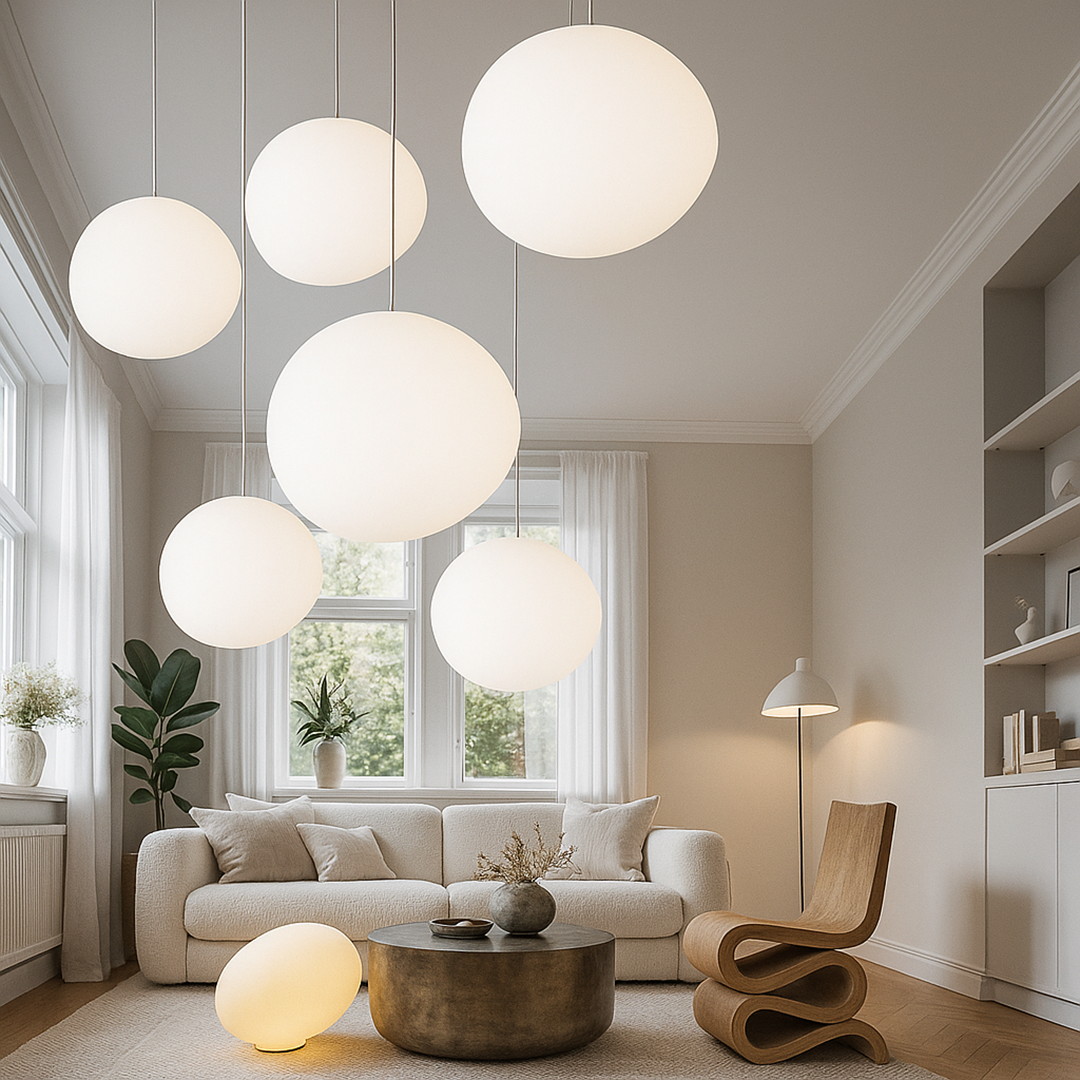 Lampada a sospensione sferica in metallo dal design geometrico
