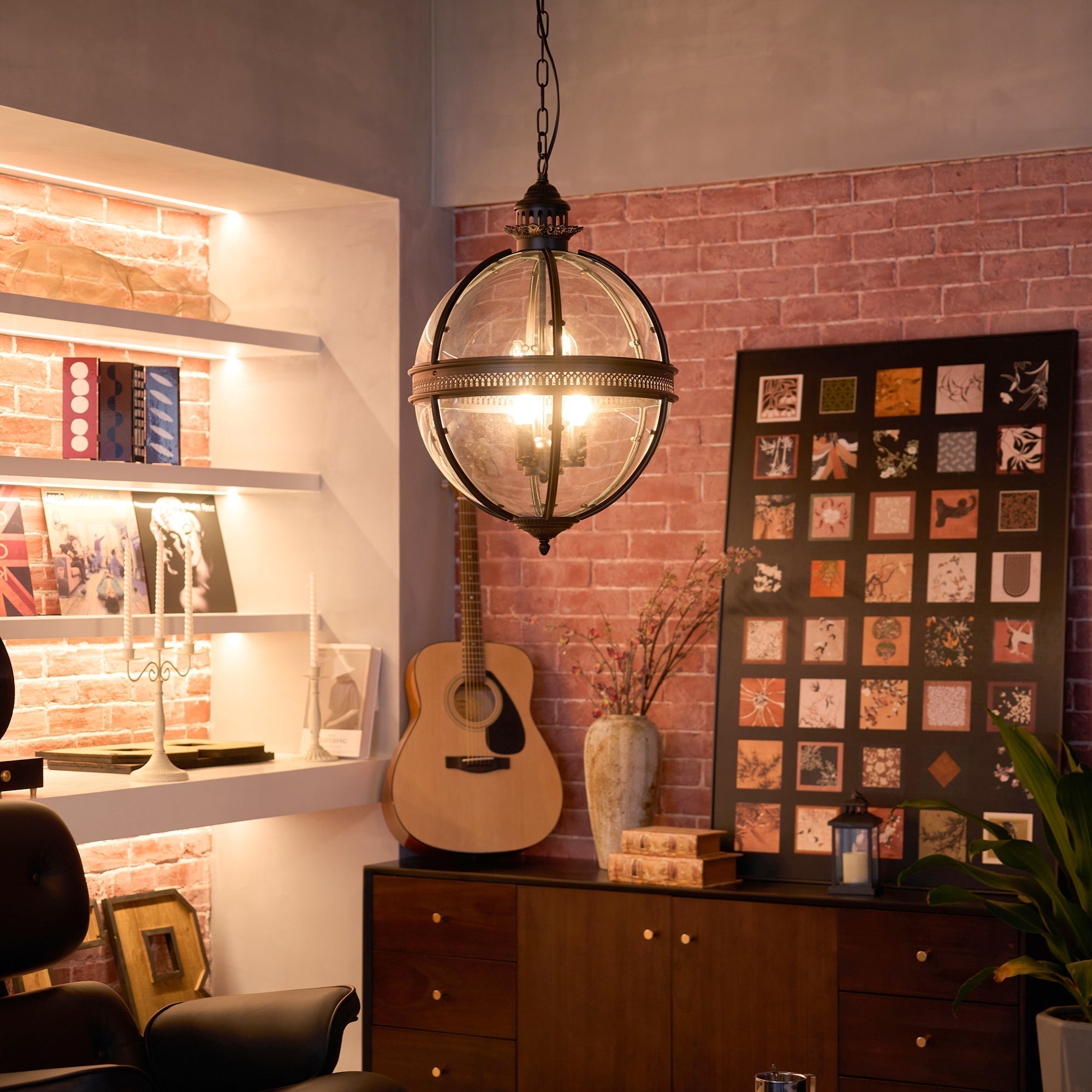 Lampada a sospensione vintage a globo in vetro con struttura in metallo rame o nero