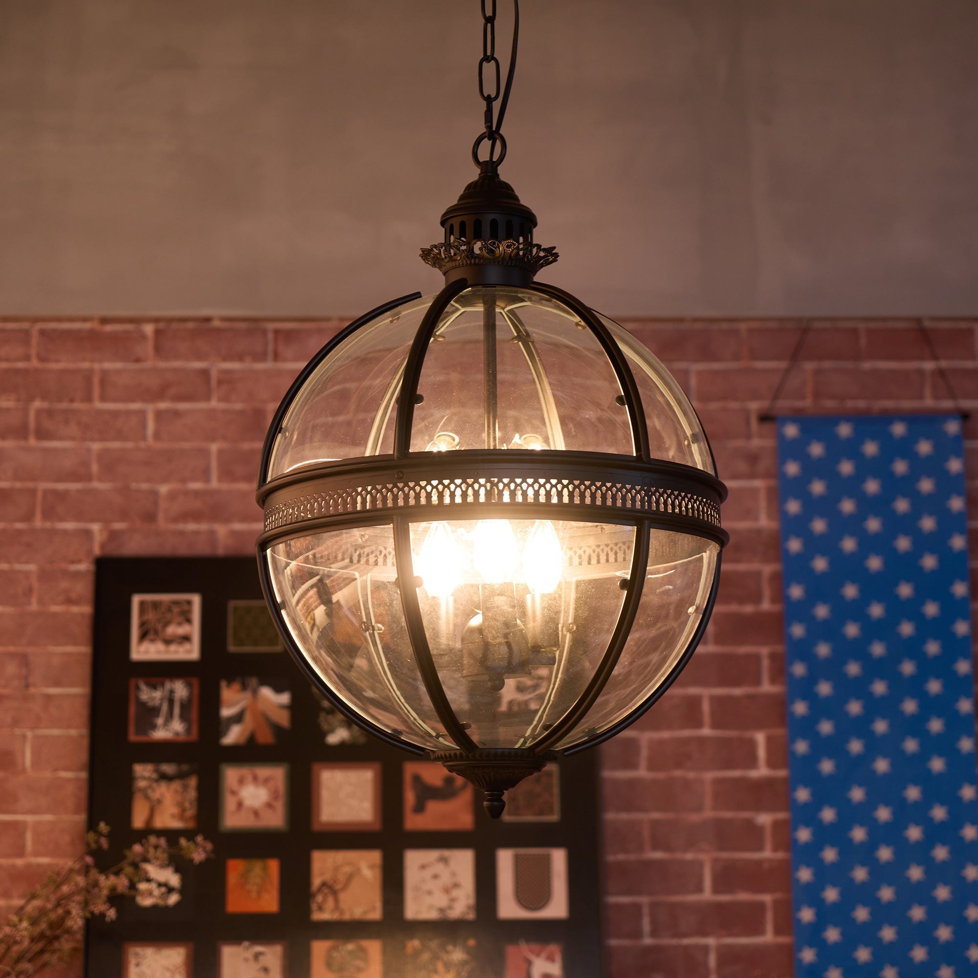Lampada a sospensione vintage a globo in vetro con struttura in metallo rame o nero