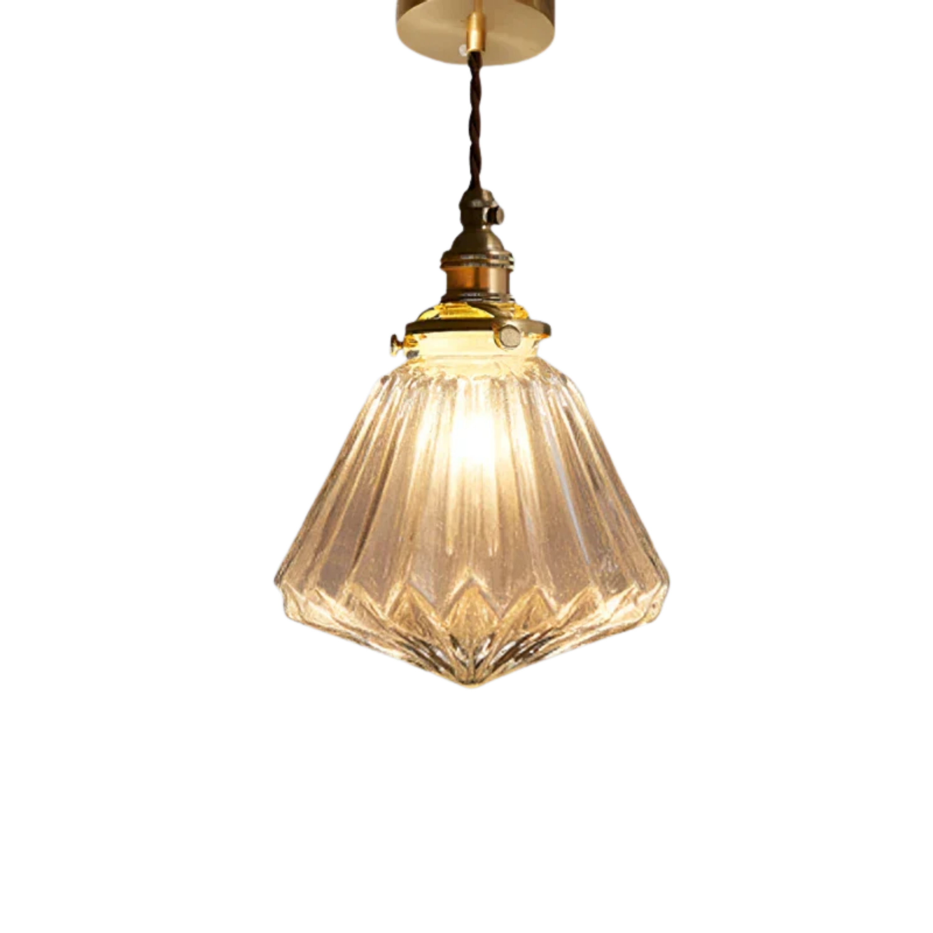 Lampada a sospensione vintage in vetro rigato trasparente con attacco color ottone