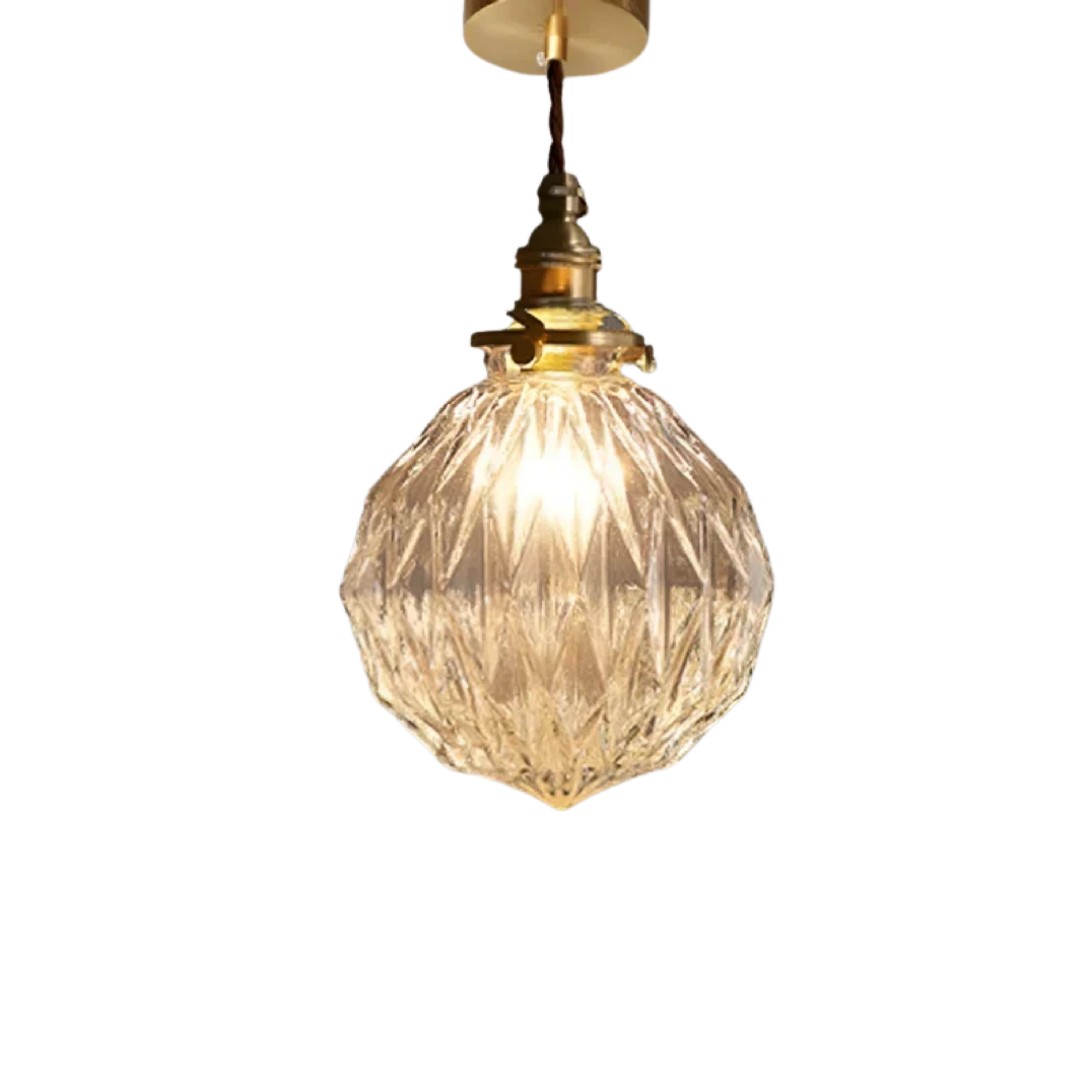 Lampada a sospensione vintage in vetro rigato trasparente con attacco color ottone