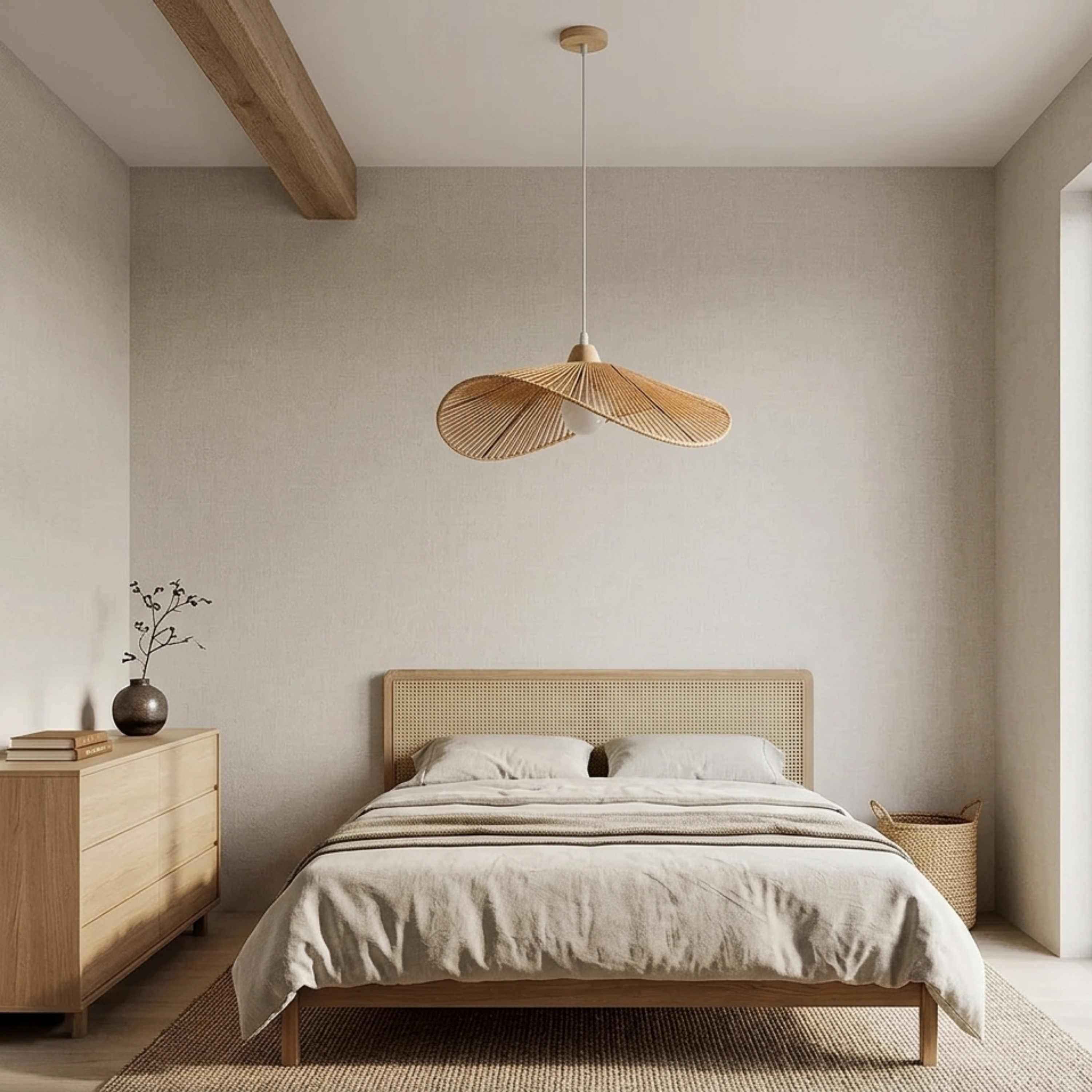 Lampada a sospensione wabi sabi in rattan con paralume ondulato intrecciato in bambù e legno