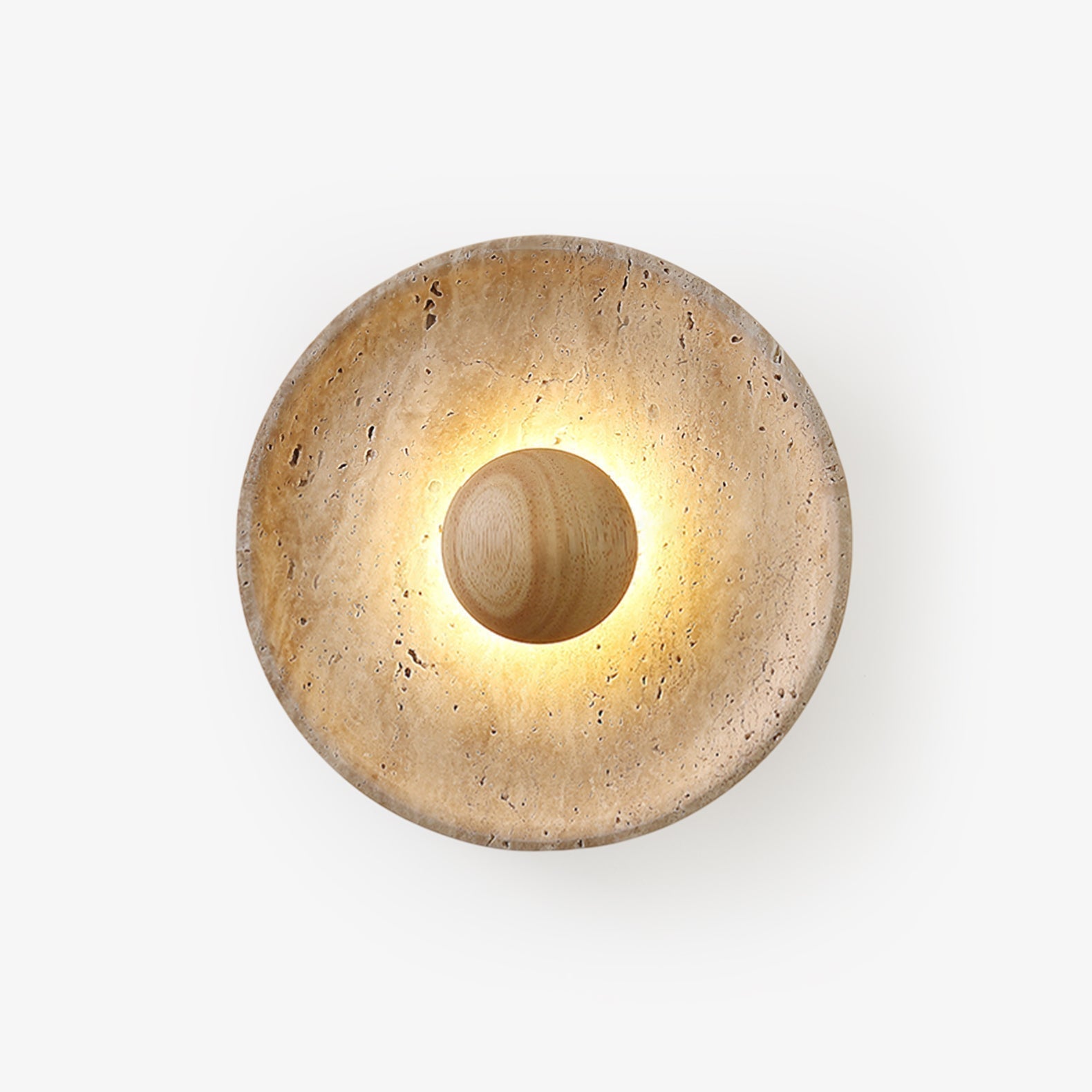 Lampada da parete a disco in travertino con sfera in legno, applique moderna