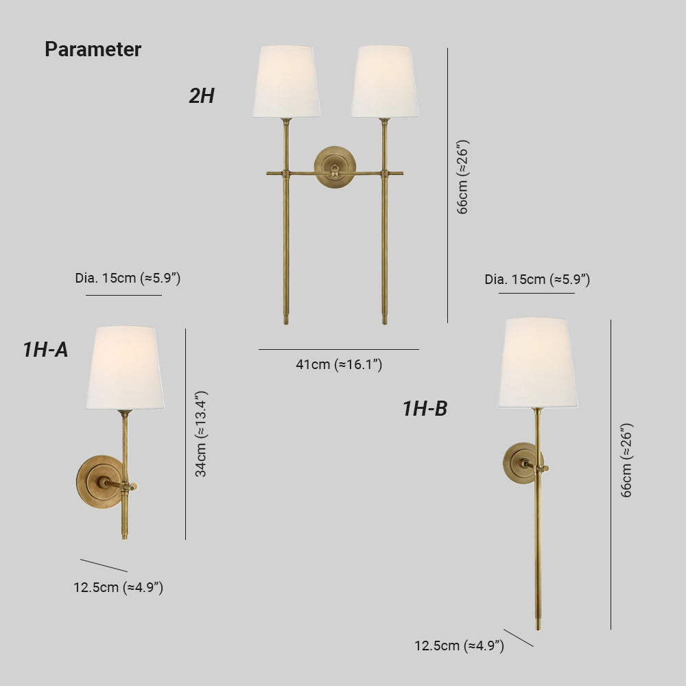 Lampada da parete in ottone con paralume conico in tessuto, applique per camera da letto