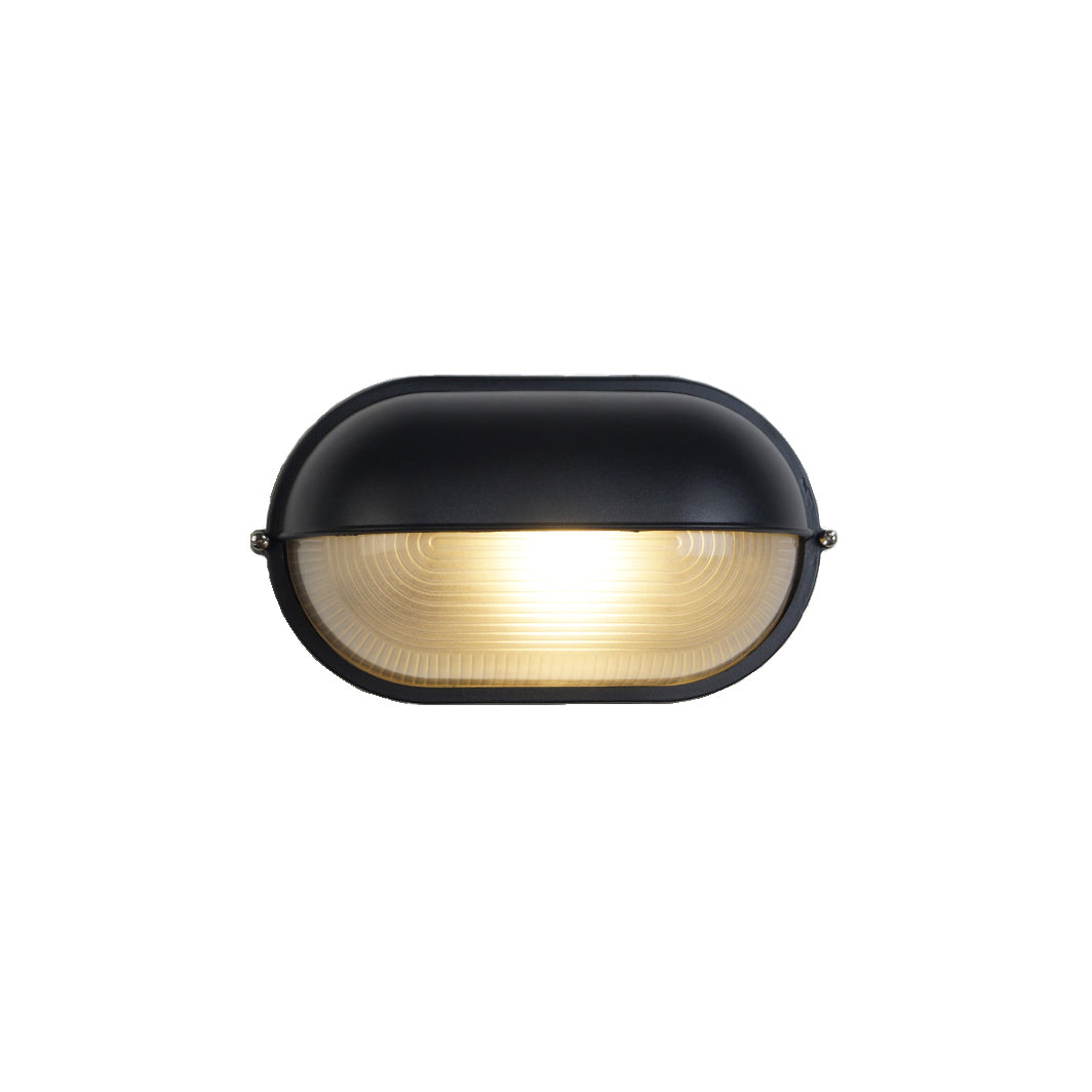 Lampada da parete per esterni ovale in vetro rigato nera, stile industriale navale