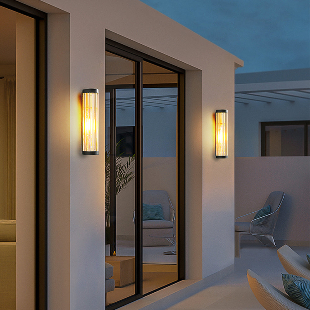 Lampada da parete per esterni semicilindrica in vetro rigato nero, moderna lampada da giardino